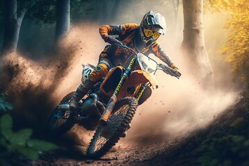 Extreme Motocross MX Rider riding on dirt track ,forest one the background ,Generative ai - obrazy, fototapety, plakaty