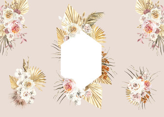 Watercolor boho gold dried flower hexagon frame, bouquets illustration set. Composition,wreath with leaves, flowers, palm, pampas, roses,orchid. Bohemian modern wedding frames,wreath, card invitation