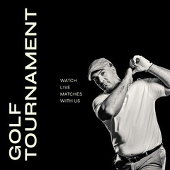 Square image of golf tournament with caucasian senior male player and black background
