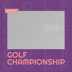 Square image of golf championship text over beige background with violet frame