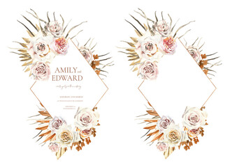 Boho watercolor dried flowers frame illustration, 
modern wedding save the date greeting card invitation card with blank frame, your place for text example. leaves, flowers, palm, pampas, roses,orchid