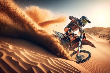 Extreme Motocross MX Rider riding on Sand track , desert on the background , Generative ai - obrazy, fototapety, plakaty