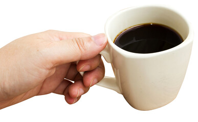 Mano con una taza de café sin fondo. Café en png. Hombre tomando café. Café negro. Taza de café sin fondo. Merienda en el trabajo.
