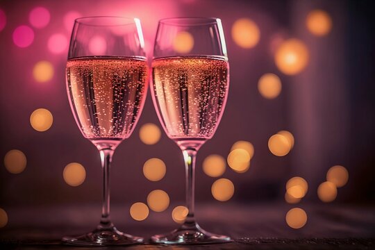  Two glasses of pink rose champagne sparkling wine. Generative AI