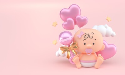 Baby with 3D Baby Rattle. 3D Illustration