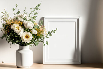 Decorated interior of a home. mockup featuring a light background, a white frame, and flowers in a vase. Generative AI