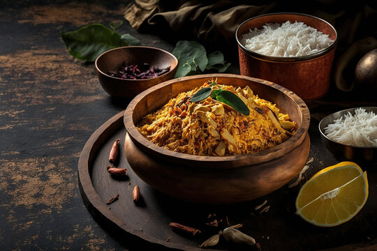 Raw jackfruit slices are cooked slowly with a variety of spices and combined with basmati rice to make Kathal Biryani. served with salan and curd. vegetarian food from India. Generative AI