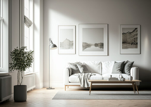 Stylish living room interior with white walls, a wooden floor, a long white sofa, two coffee tables, and a mock up horizontal poster. hazy view via a window. Generative AI