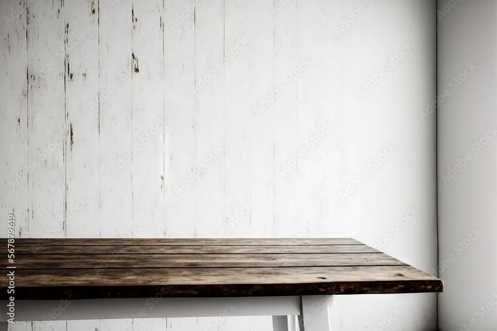 Poster white background with an empty wooden table that is available for your copy and branding. use in a m