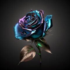 a branch of shiny metallic purple and blue rose isolated, luxury design, golden leaves.