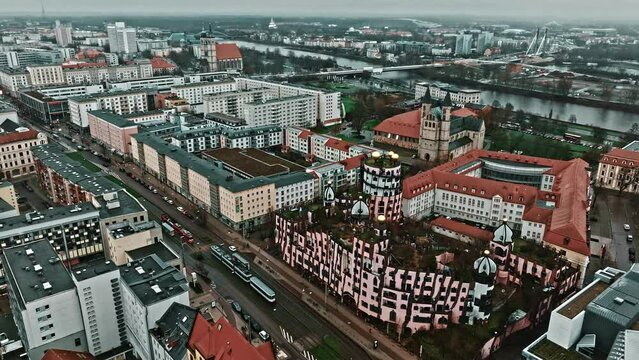 Aerial view of the Green Citadel (Gr&uuml;ne Zitadelle) by Friedensreich Hundertwassers in Magdeburg city, Saxony-Anhalt, Germany .