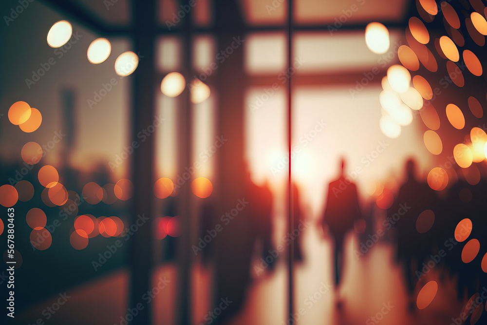Poster bokeh lights and window reflections in a light business hall with a blurred office background. gener