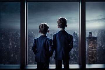 Fototapeta premium Children in a classy suit looking over the city at night, Generative AI