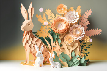 Paper Easter bunny with rabbits and spring flowers created with Generative AI