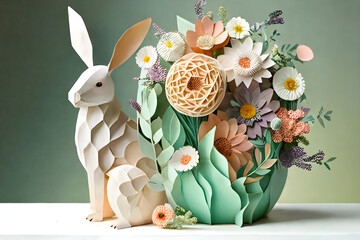 Easter bunny with floral arrangement springtime paper sculpture created with Generative AI