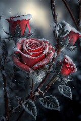 Red roses in the snow in the garden, Generative AI
