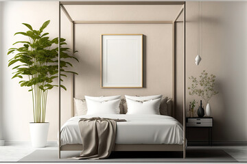Fototapeta na wymiar Mockup four poster frames on the beige wall in bedroom with cozy bed and plant, , 3d illustration. Generative AI