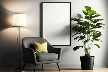 mock up poster frame in modern interior background, living room, Scandinavian style. Modern interior design with armchair, sofa, coffee table, floor lamp, plant and carpet,. Generative AI