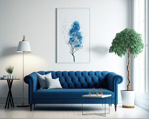 Modern living room with blue sofa, minimalist decor, and blank white wall,. Generative AI