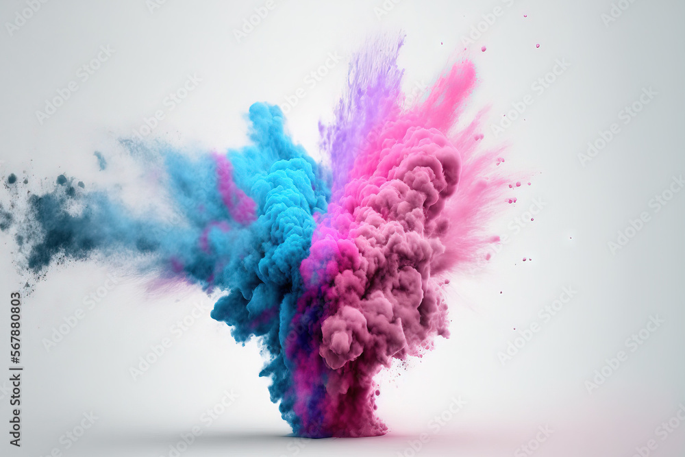 Poster pink and blue powder exploding on a white background. exploding color powder in slow motion. generat