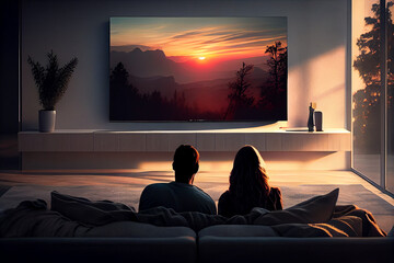 Couple watching TV at dawn. generative AI