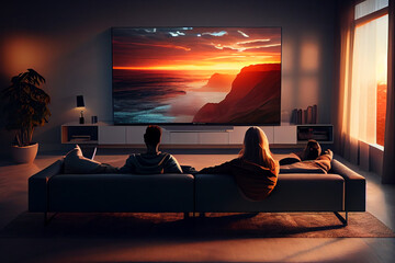 Couple watching TV at dawn. generative AI