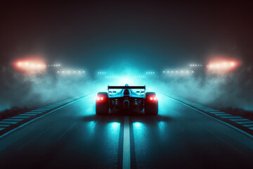 Racing finish line on asphalt with blue lamps illuminating the fog. electronic sports. Generative AI