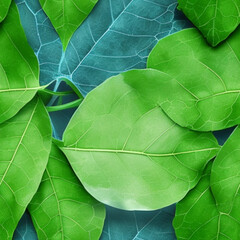 a green leafy background with blue leaves on it's sides and a black frame around the edges
