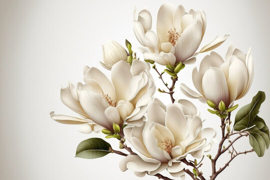 Beautiful bunch of magnolia flowers on a white backdrop. Generative AI