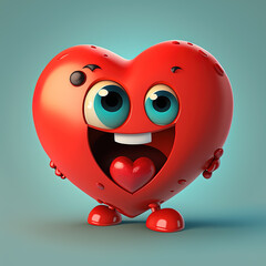 Smiling happy heart character, love symbol or Valentine icon representing feelings of friendship or romantic passion,3D illustration. Generative AI