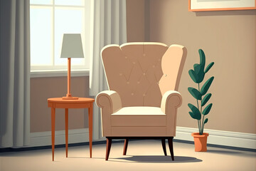 An armchair with a beige armchair and a white imitation wall are in the room. Generative AI