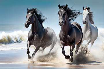 Fototapeta na wymiar Wild horses galloping at a beach. generative AI