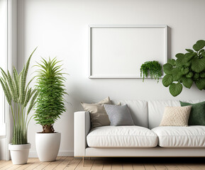 Mockup of a horizontal frame hanging in a living room that is brilliant white with plants and decorations. Generative AI