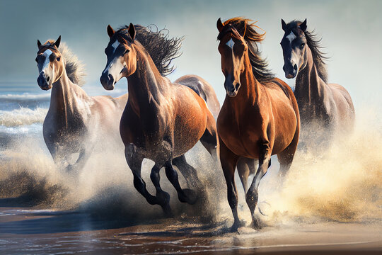 Wild horses galloping at a beach. generative AI