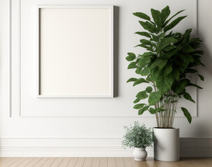 Realistic, lovely green houseplants in a corner of a white living room with a high ceiling, a traditional gypsum wall frame panel, and a hardwood parquet floor. Mockup, Overlay, Mockup, and Background