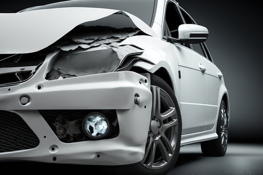 Close up of a white sedan that has been involved in a traffic collision on its right side. The logo represents the insurance industry and the drive to reduce traffic accidents. Generative AI