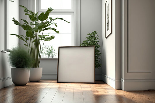 Square poster frame mock up on the floor in living room with wooden floor and white wall. 3d illustration. Generative AI