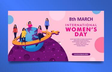 Modern International women's day horizontal banner with different women, globe, and women symbol flat illustration