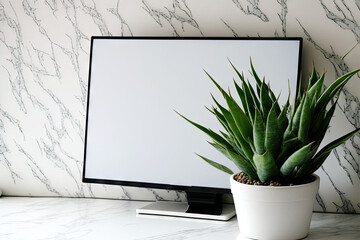 Blank computer screen with a marble board and an aloe vera plant. Generative AI