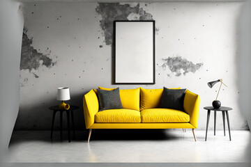 Concrete, an interior design mock up, and a yellow sofa. Generative AI
