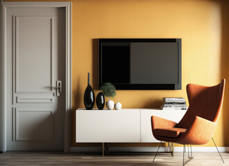 a contemporary living area with a TV, cupboard, and chair against a cream colored wall. Generative AI