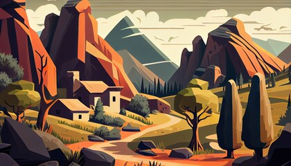 Ai-generated landscape illustration with the village in mountains and cloudy sky
