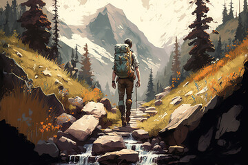 Obraz premium Hiking in Nature Painting, Man looking out at the view, Travel, Journey, Backpacking, Mountains, Adventure, Scenic, Digital Art, Illustration, Print, Web, Poster