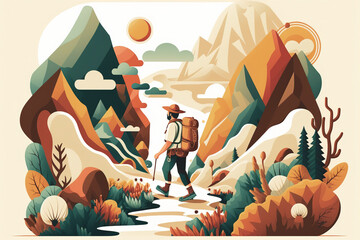 Obraz premium Man Hiking in Nature Cartoon Vector, Travel, Journey, Backpacking, Mountains, Adventure, Scenic, Digital Art, Pop Art, Colorful, Illustration, Cute, Print, Web, Poster, Kids, Blue and Yellow