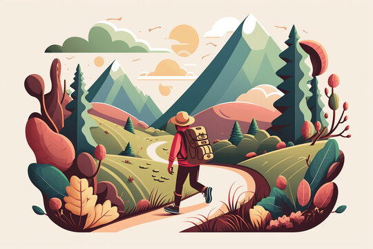 Woman Hiking in Nature Cartoon Vector, Travel, Journey, Backpacking, Mountains, Adventure, Scenic, Digital Art, Pop Art, Colorful, Illustration, Drawing, Cute, Print, Web, Poster, Kids