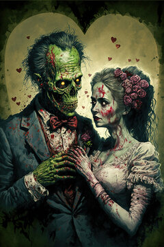 Illustration with zombie couple in love for Wedding nad Valentines day. Generative AI