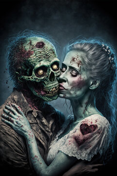 Illustration with zombie couple in love for Wedding nad Valentines day. Generative AI