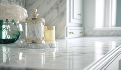 Elegant white bathroom interior with marble white countertop with copy space and bathroom appliances product.	