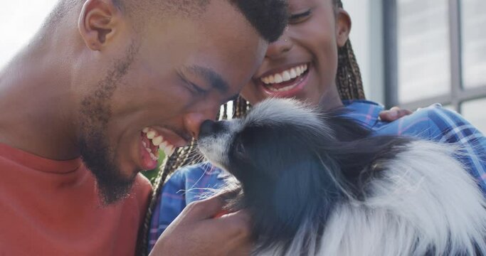 Happy african american couple petting dog in backyard