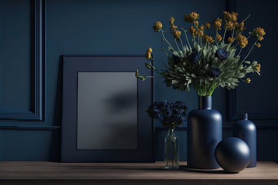 Hipster interior background with a dark blue room and a bouquet on a table, mock up of a poster. Generative AI